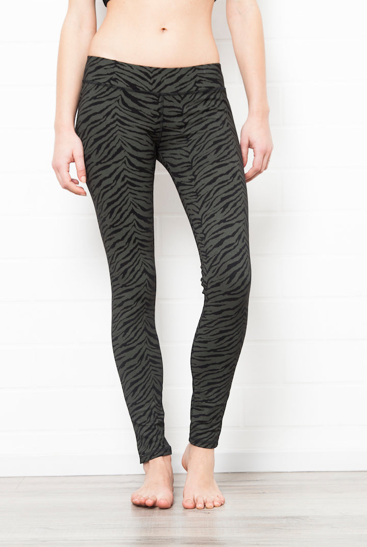 Black greenish zebra leggings medium high waist in cotton spandex shown from the front