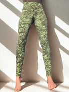 Green Olive Bloom pattern leggings - funky simplicity - worn by model shown from the front