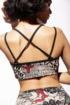 Woman wearing a funky simplicity cross back bra in Cream Black Nagomi print, it is a beautiful janpanese print. Shown from the back