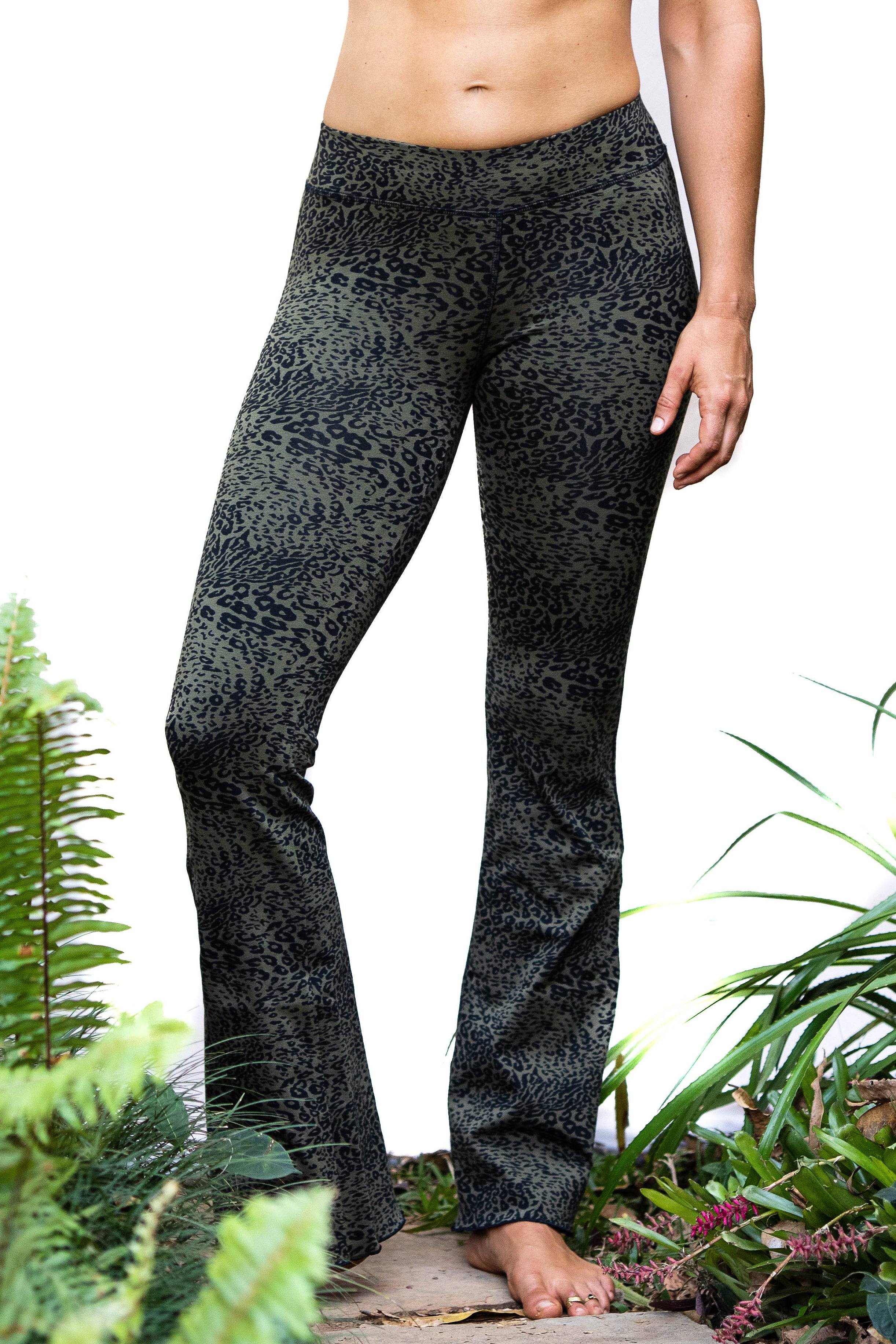 Flared Leggings - Olive Green Black Leopard - FUNKY SIMPLICITY